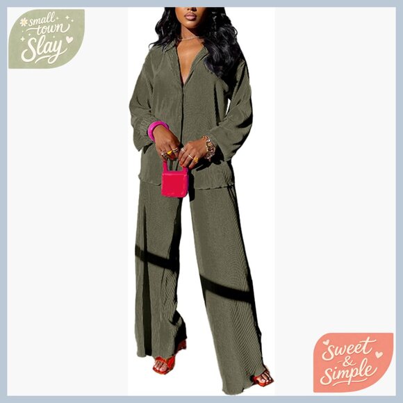 Linen Long Sleeve Button Down Shirt Flare Pleated Wide Leg Pants Set